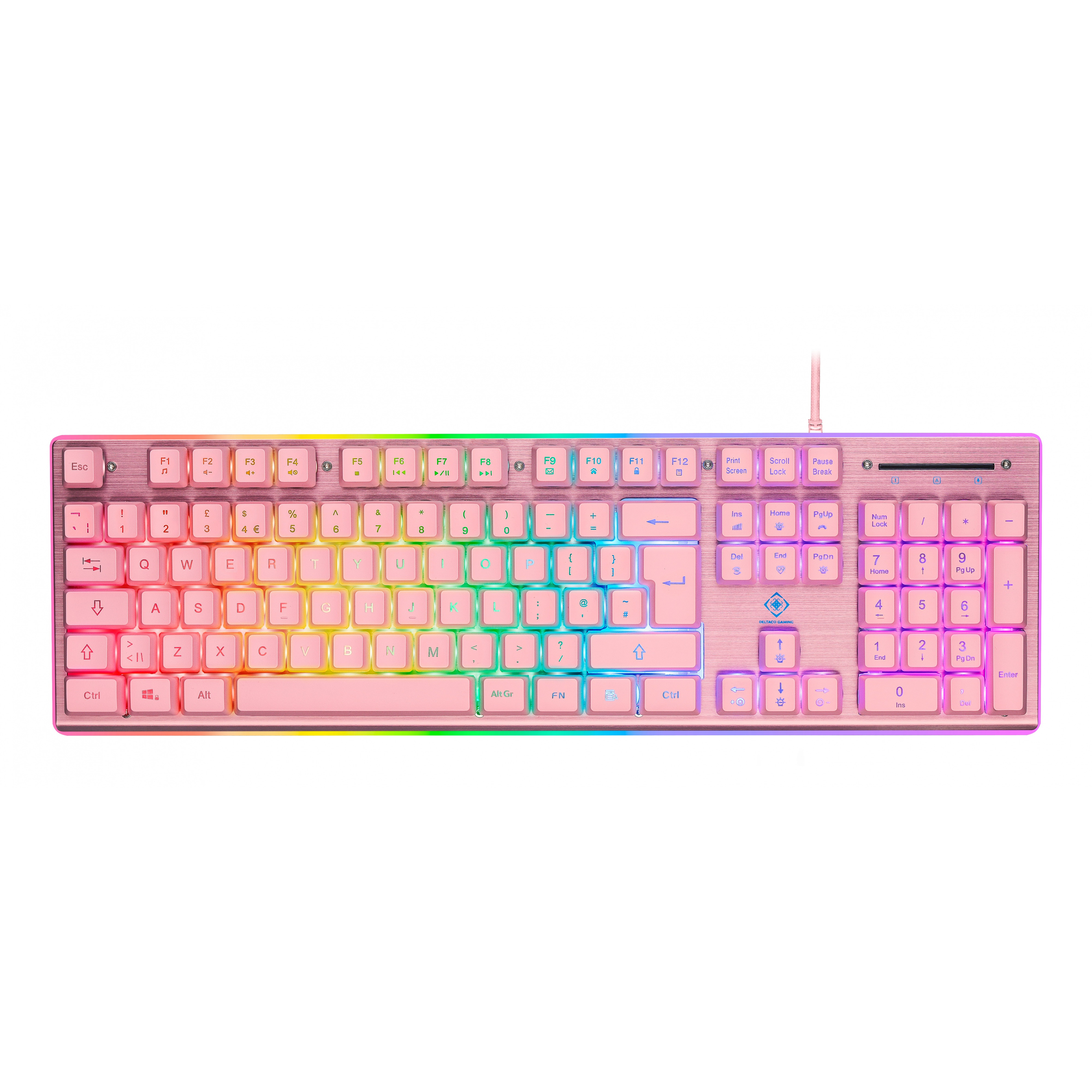 Pink and silver backlit keyboard with colorful keys.