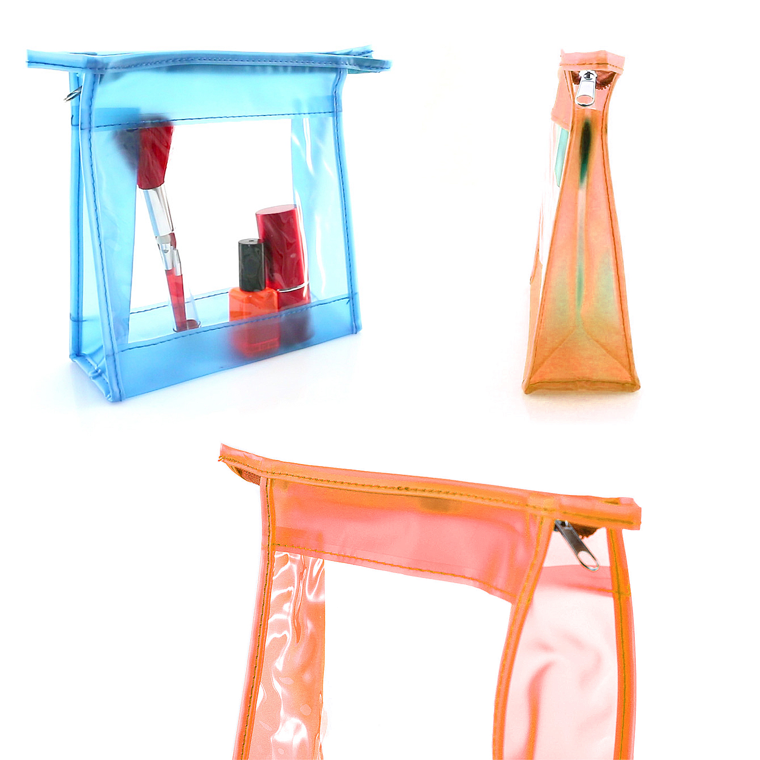 Tres bolsas cosméticas rectangulares transparentes en azul y naranja, que contienen maquillaje.