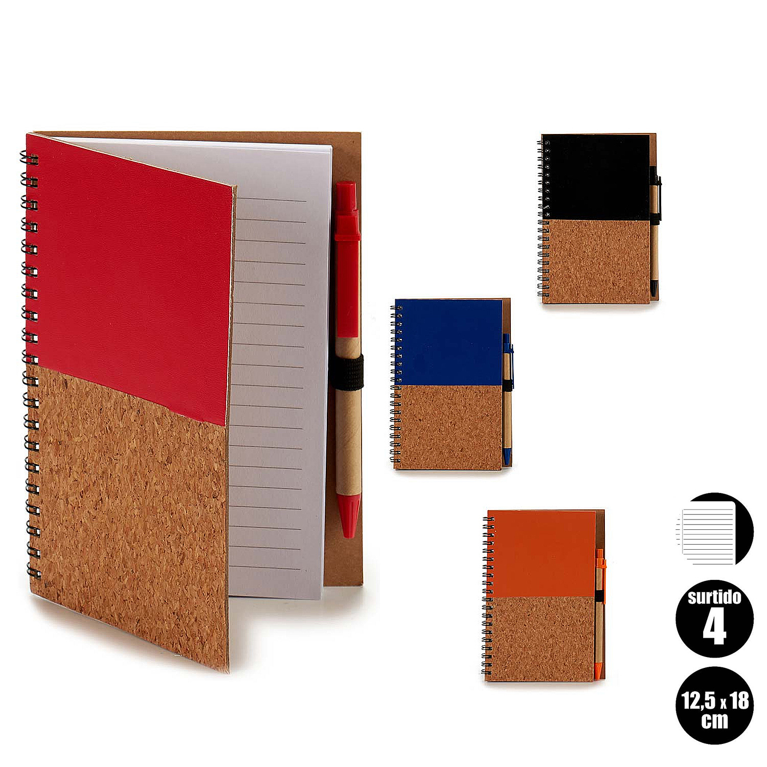 Notizbuch mit rotem und Korkeinband. Andere Notizbücher in Blau und Orange.