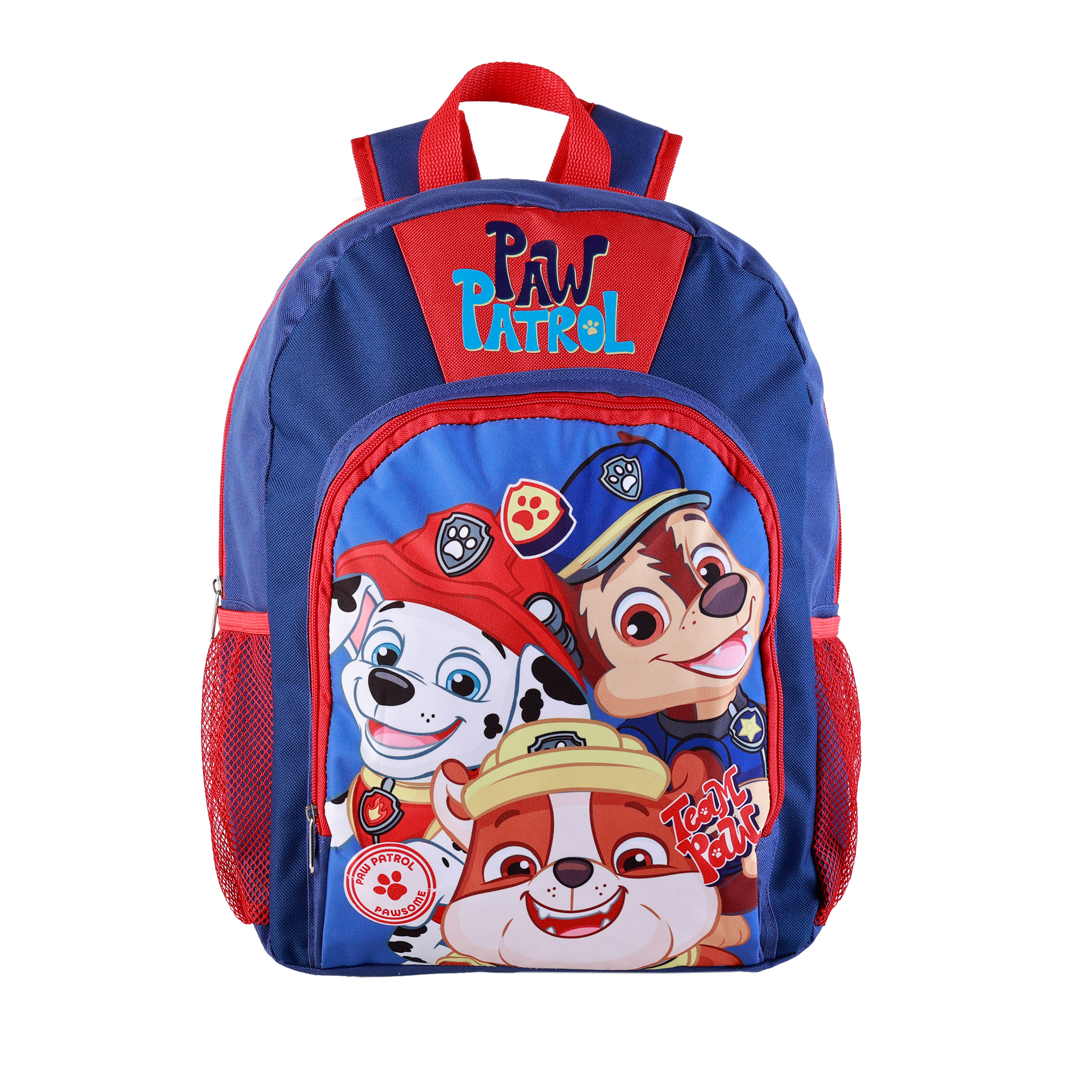 Mochila azul de Paw Patrol con los personajes de dibujos animados Marshall, Chase y Rubble. El texto dice Paw Patrol.