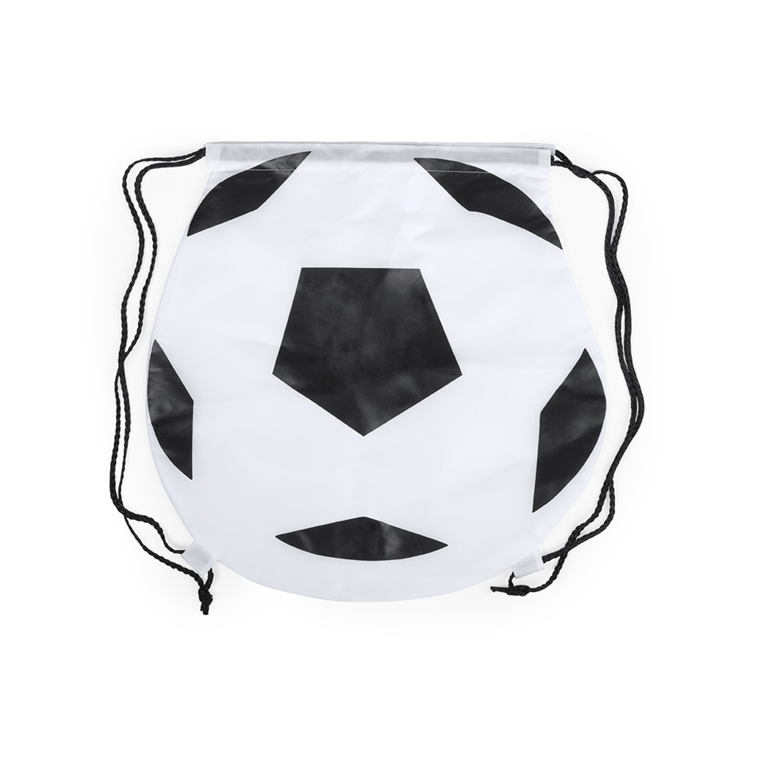 Sacca con coulisse a forma di pallone da calcio bianca. Presenta un design a pallone da calcio in bianco e nero. Coulisse nera.
