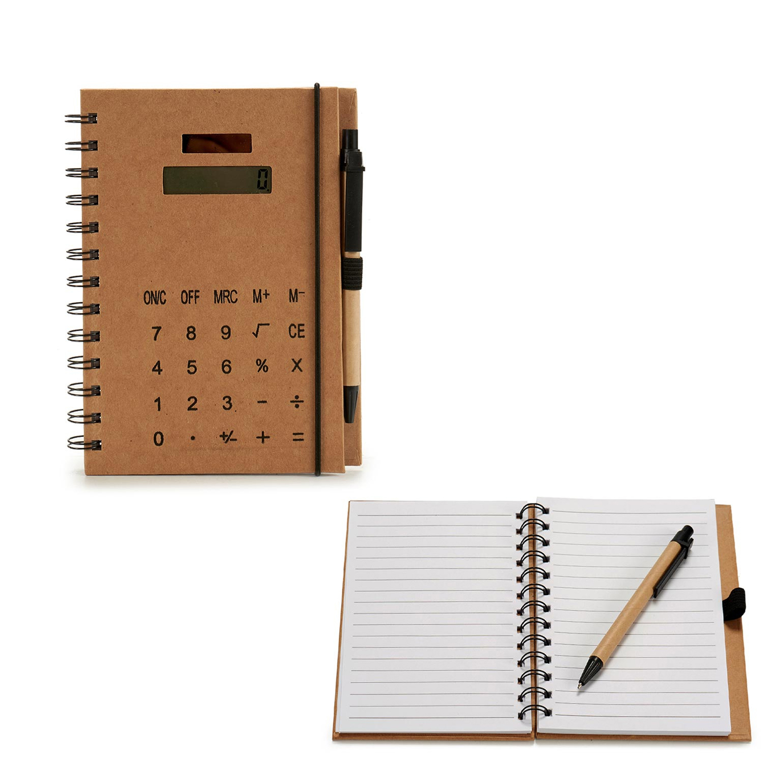 Notizbuch mit Taschenrechner und Stift. Ein Notizbuch ist geöffnet.