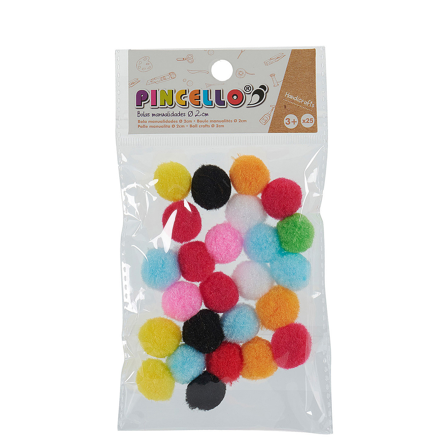 Bolsa de pompones coloridos. Contiene varios colores: amarillo, negro, rojo, rosa, azul y naranja.