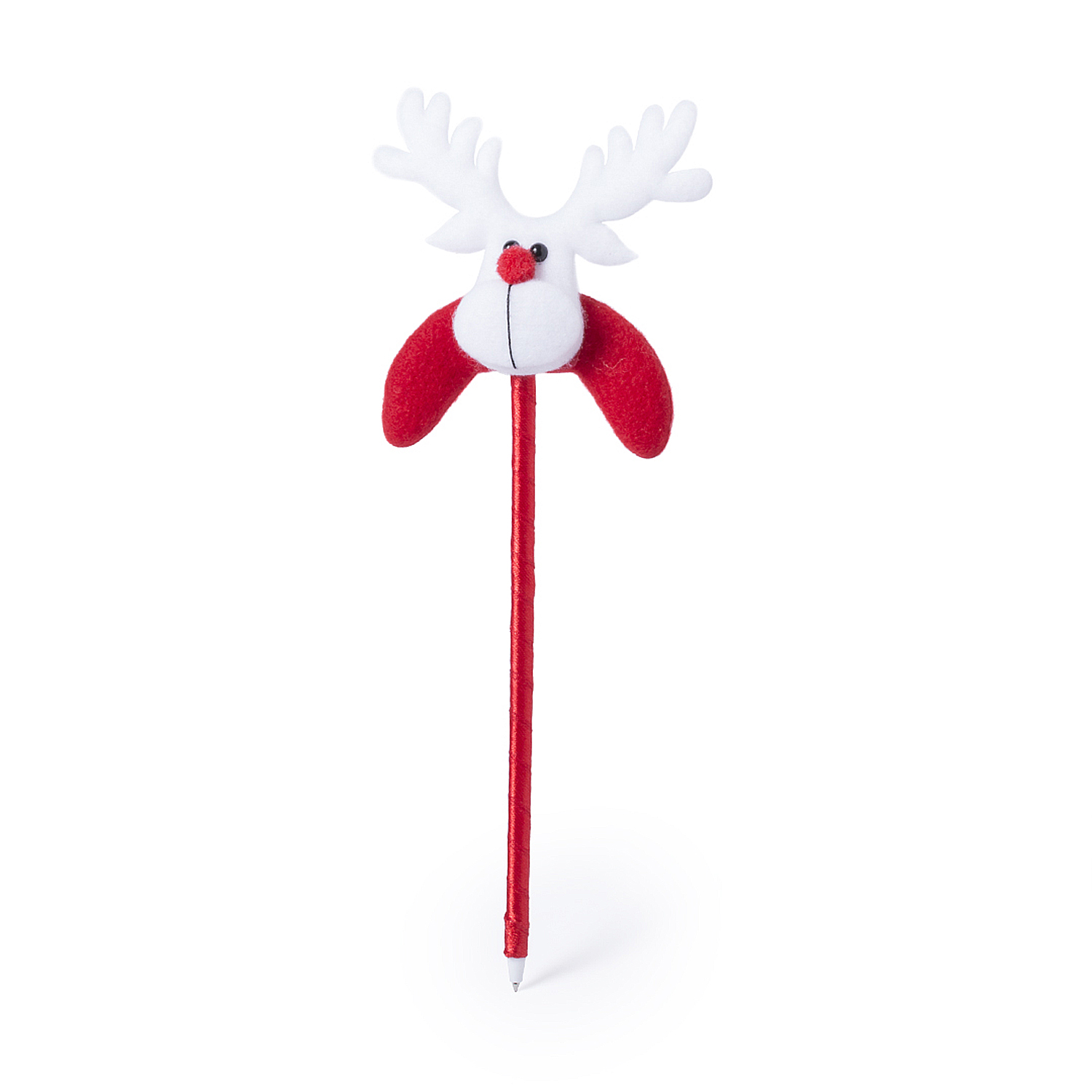 Weihnachts-Rentier-Stift mit weißen Geweihen, roter Nase und Körper, auf weißem Grund.