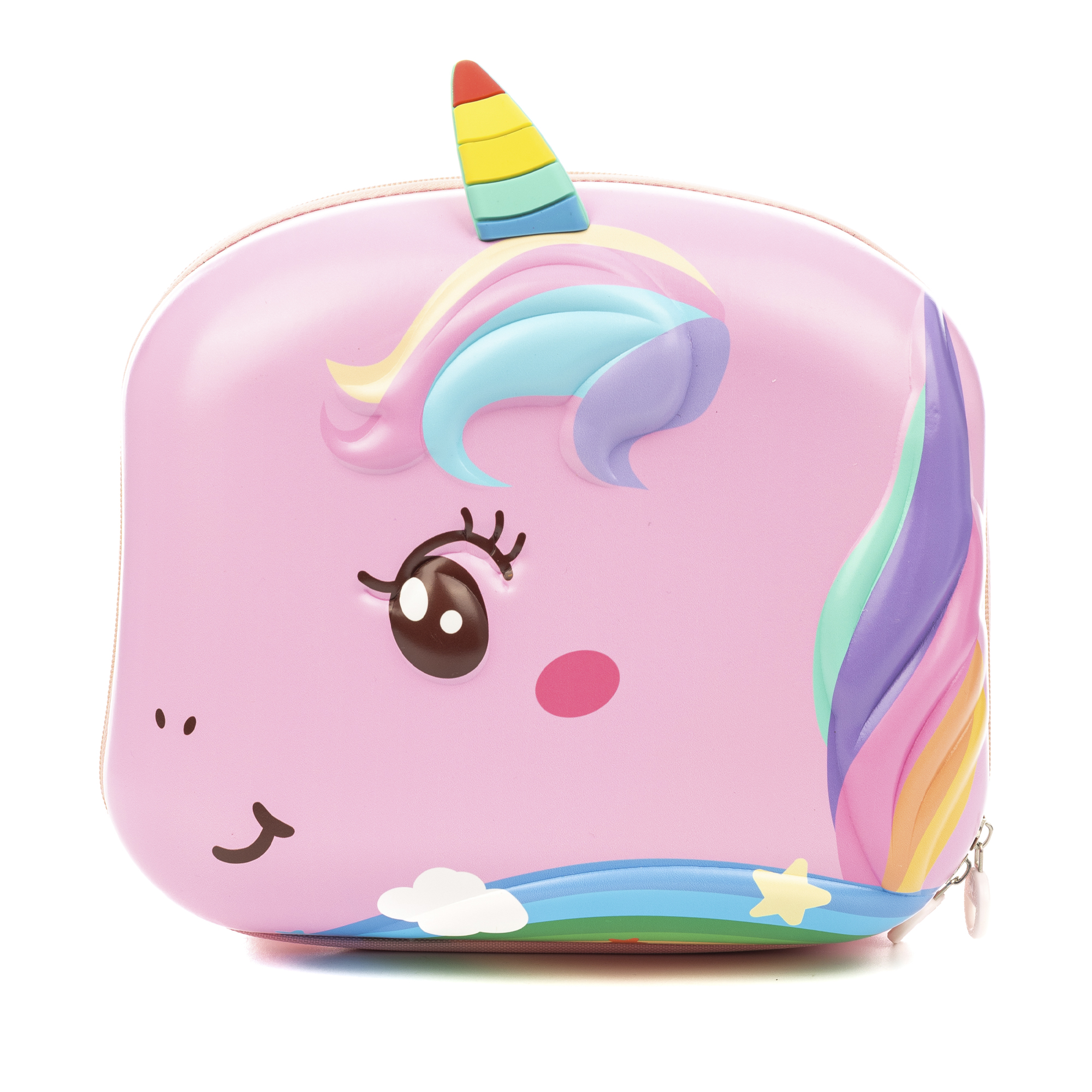 Una borsa a forma di unicorno rosa con un corno arcobaleno e una cerniera. È su uno sfondo bianco.
