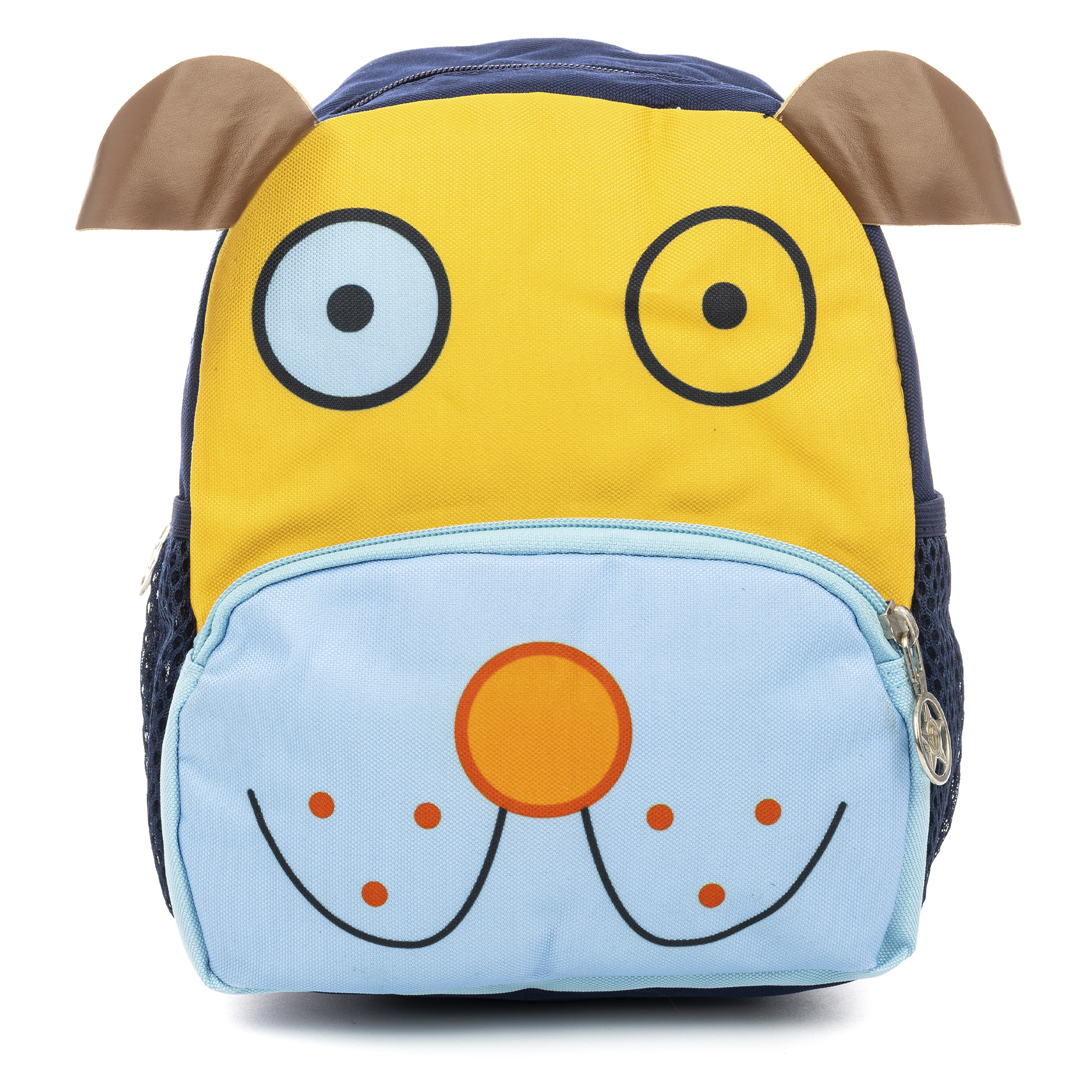 Zaino a forma di cane con faccia gialla, bocca blu e orecchie marroni.