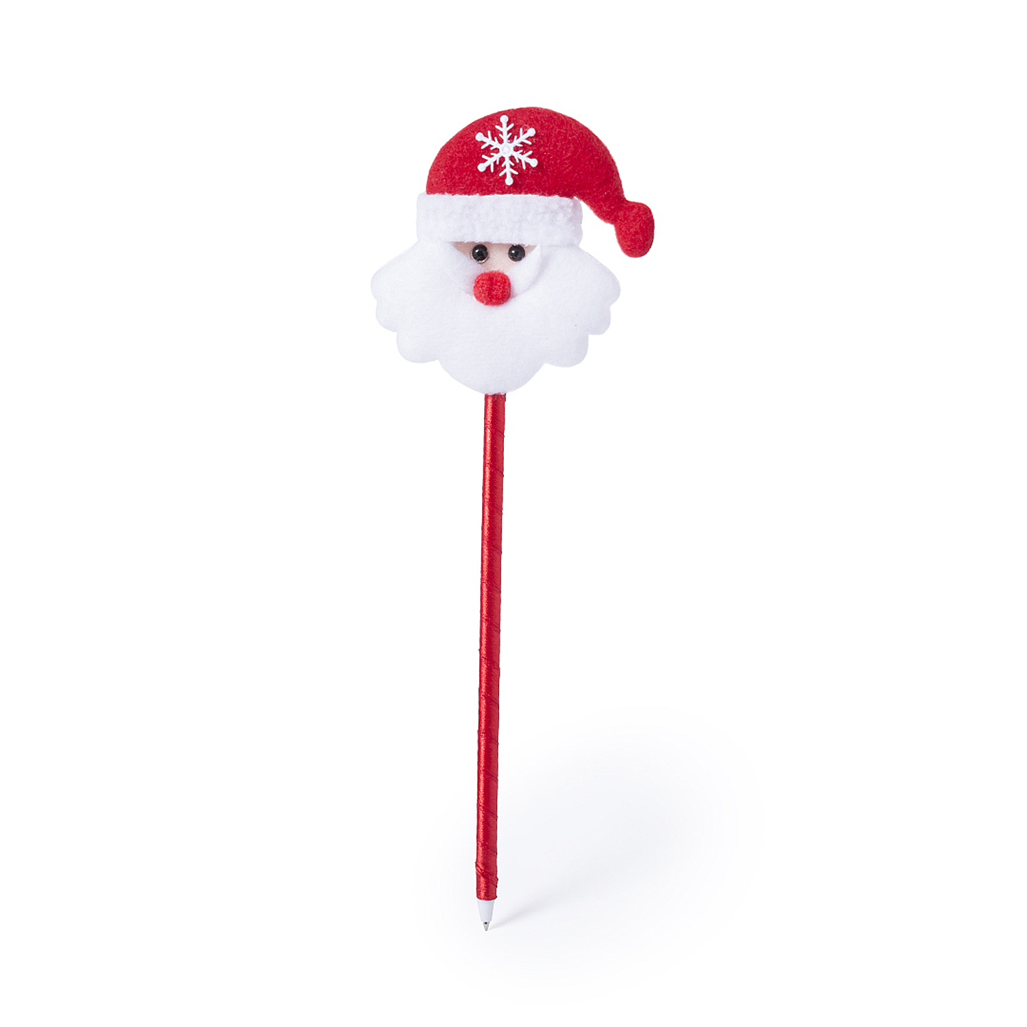 Weihnachtsmann-Stift, roter Körper und Hut, weißer Bart. Schneeflocke auf dem Hut. Isoliert auf Weiß.