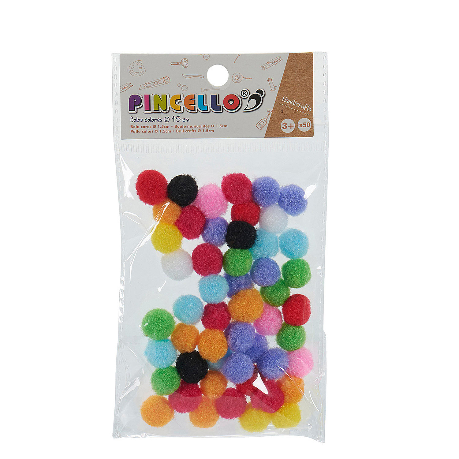 Una bolsa transparente con pompones coloridos. La bolsa está sellada, y los pompones son de varios colores.