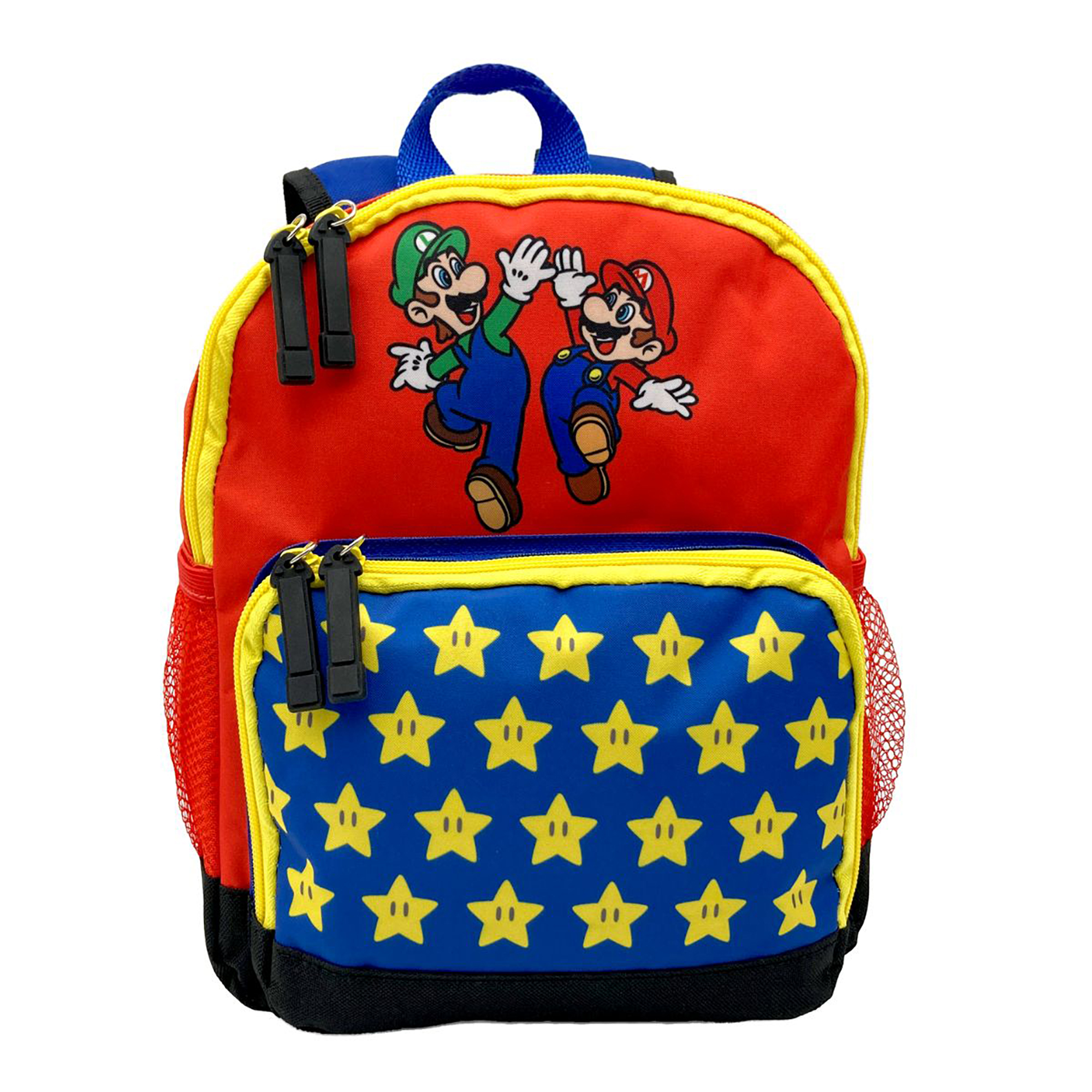 Zaino rosso con Mario e Luigi, tasca blu con stelle gialle e dettagli neri.