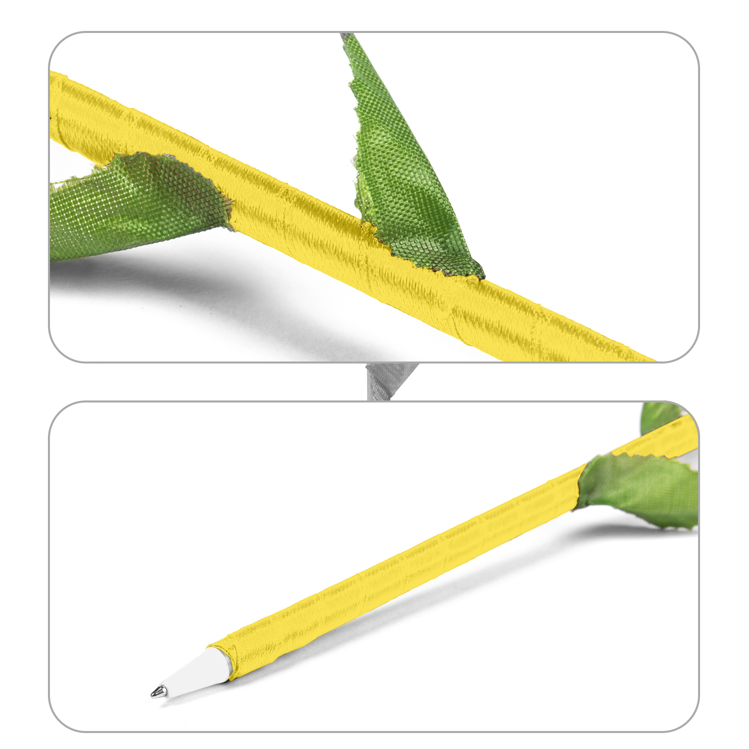Ein Stift mit gelbem Körper und grünen Blättern liegt auf einer weißen Oberfläche.