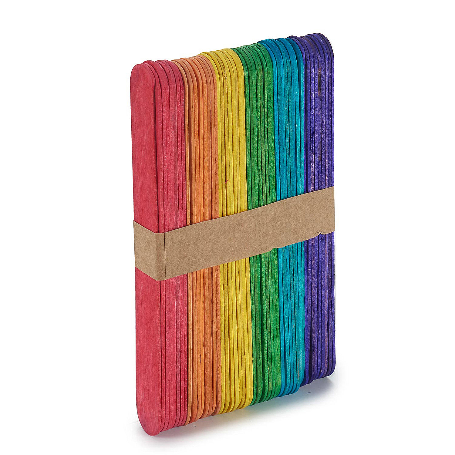 Un paquete de palitos de manualidades de colores del arcoíris sujetos con una banda marrón, sobre fondo blanco.