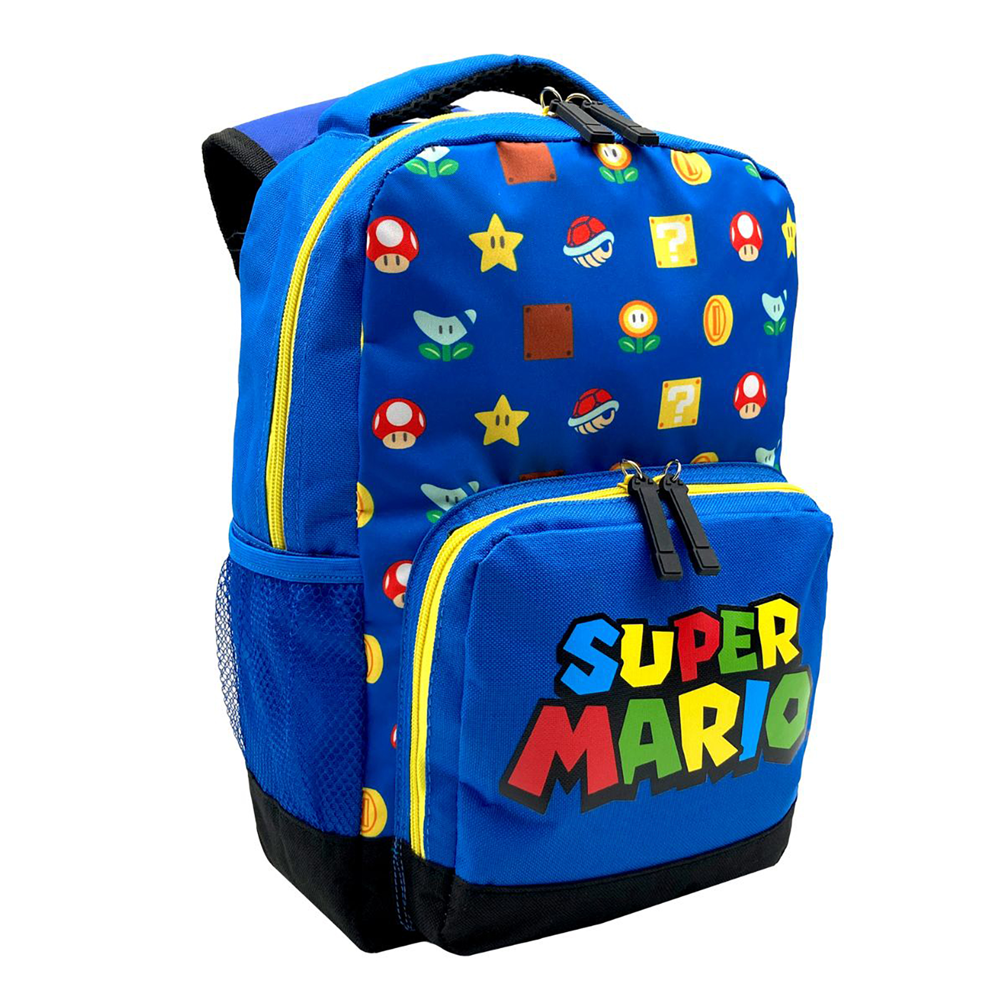 Uno zaino blu di Super Mario con icone e logo, su sfondo bianco.