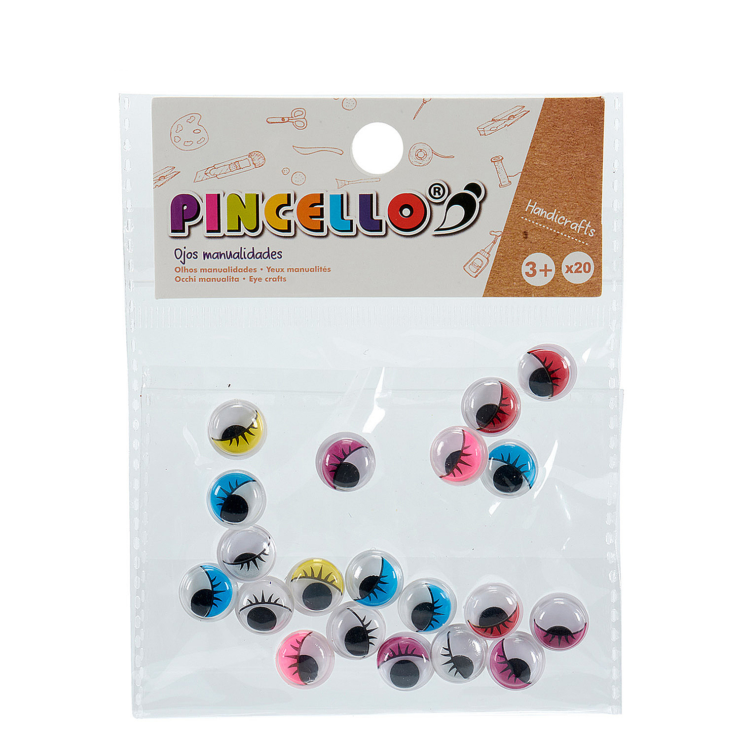 Paquete de ojos de manualidades. Varios colores y tamaños. Texto: Pincello. Instrucciones y detalles de la marca.