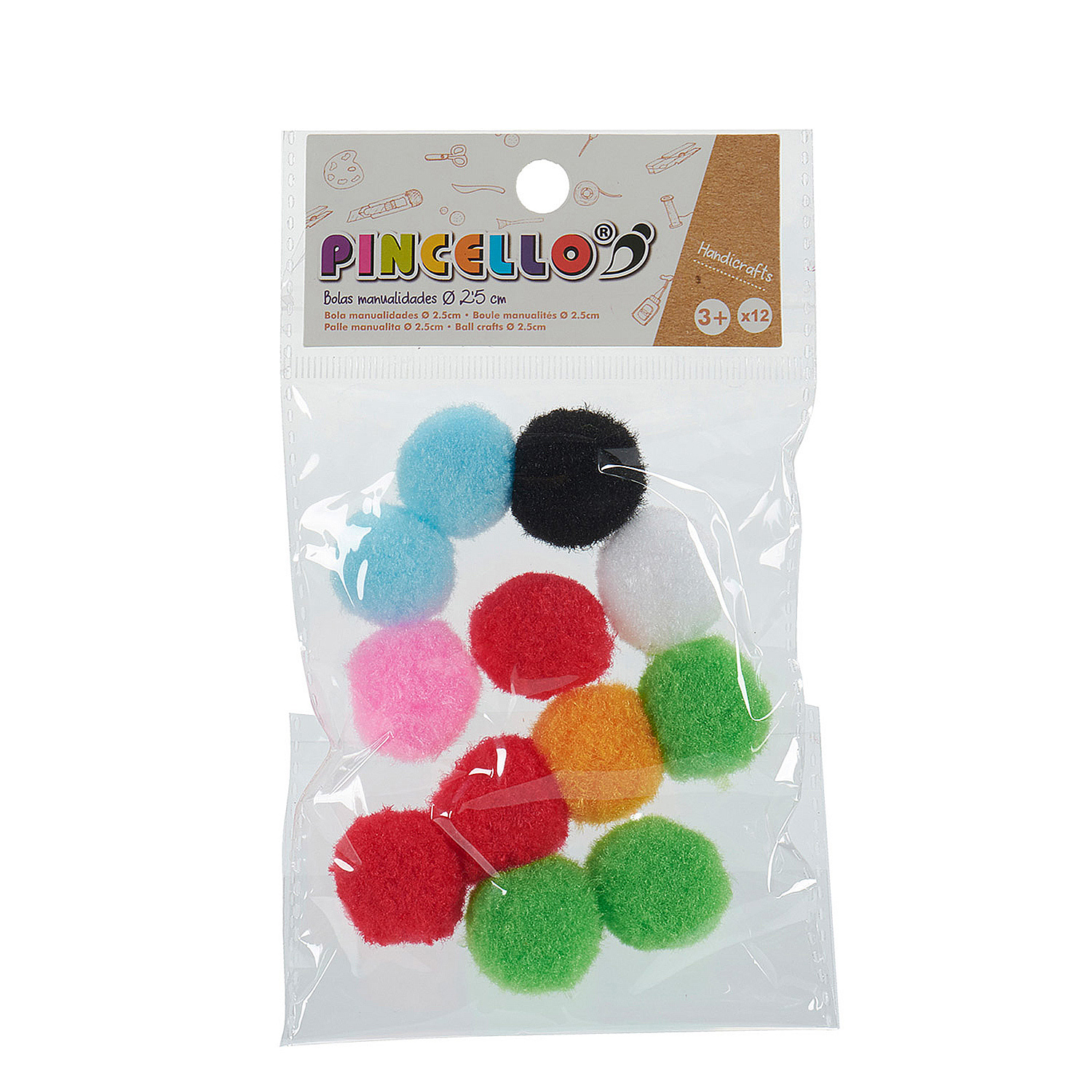 Una bolsa de plástico transparente con pompones coloridos de varios colores.