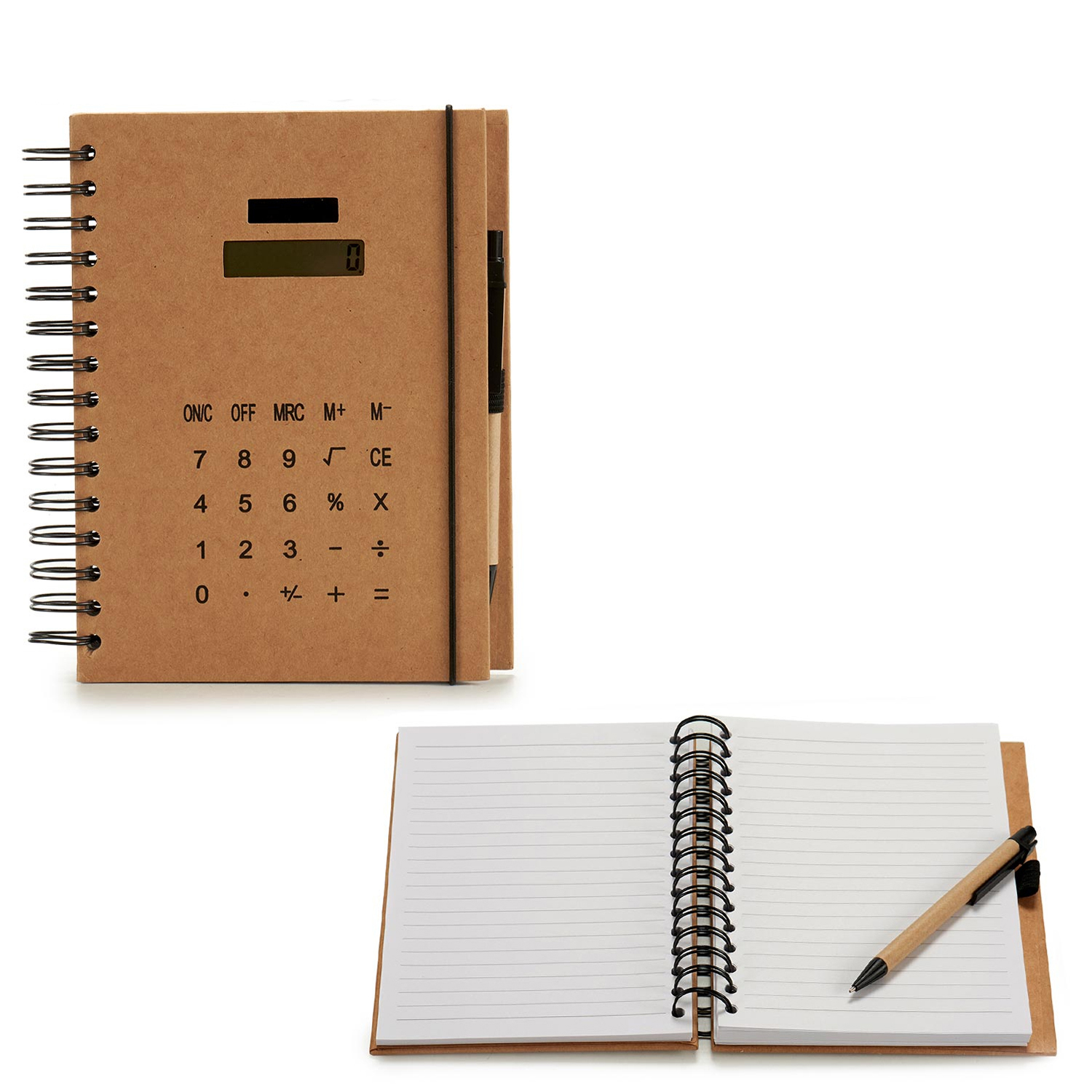 Braunes Notizbuch mit Taschenrechner-Tasten und offenem Stift.
