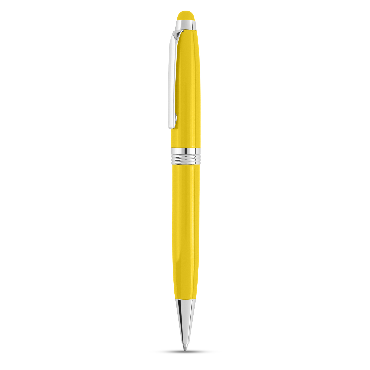 Hellgelber Stift mit silbernen Akzenten, Kappe und Clip, auf weißem Hintergrund.