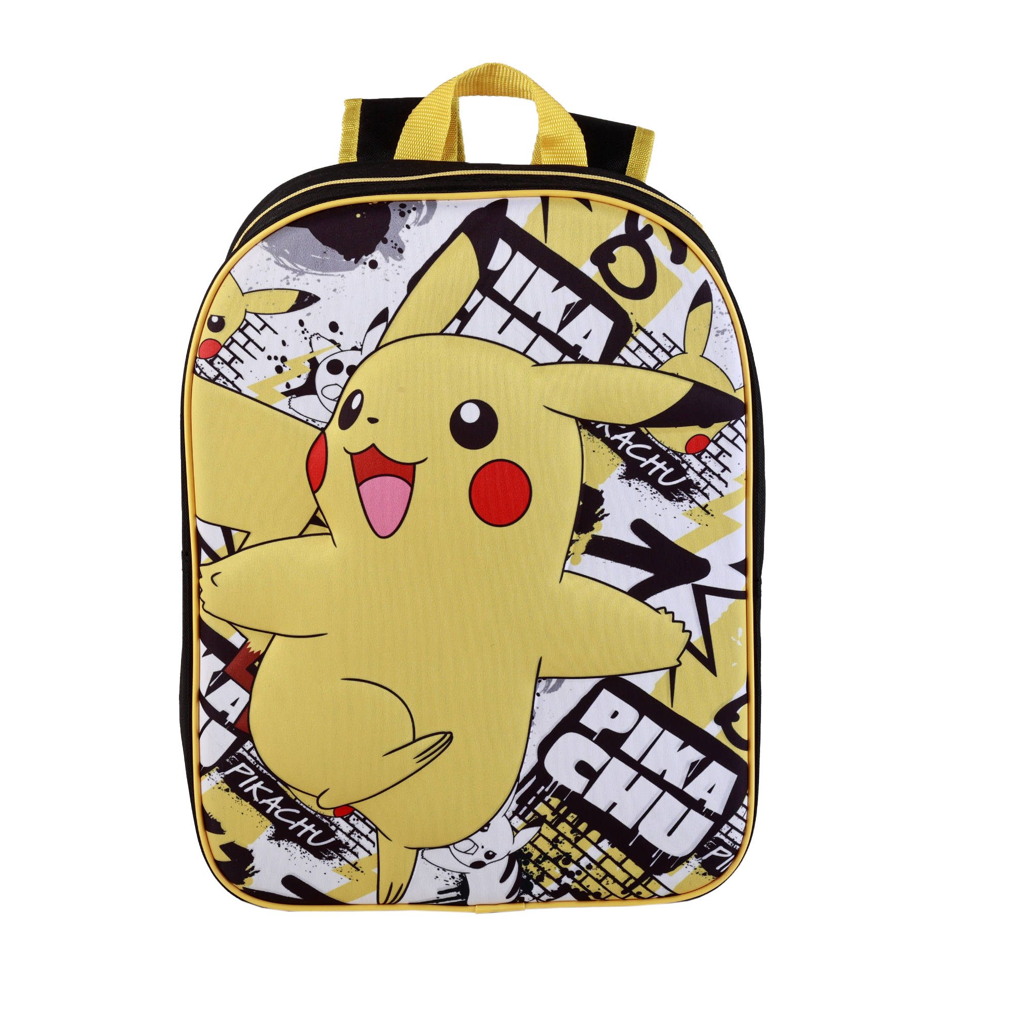 Zaino Pikachu giallo con design Pikachu. Lo sfondo è un mix di giallo e bianco.