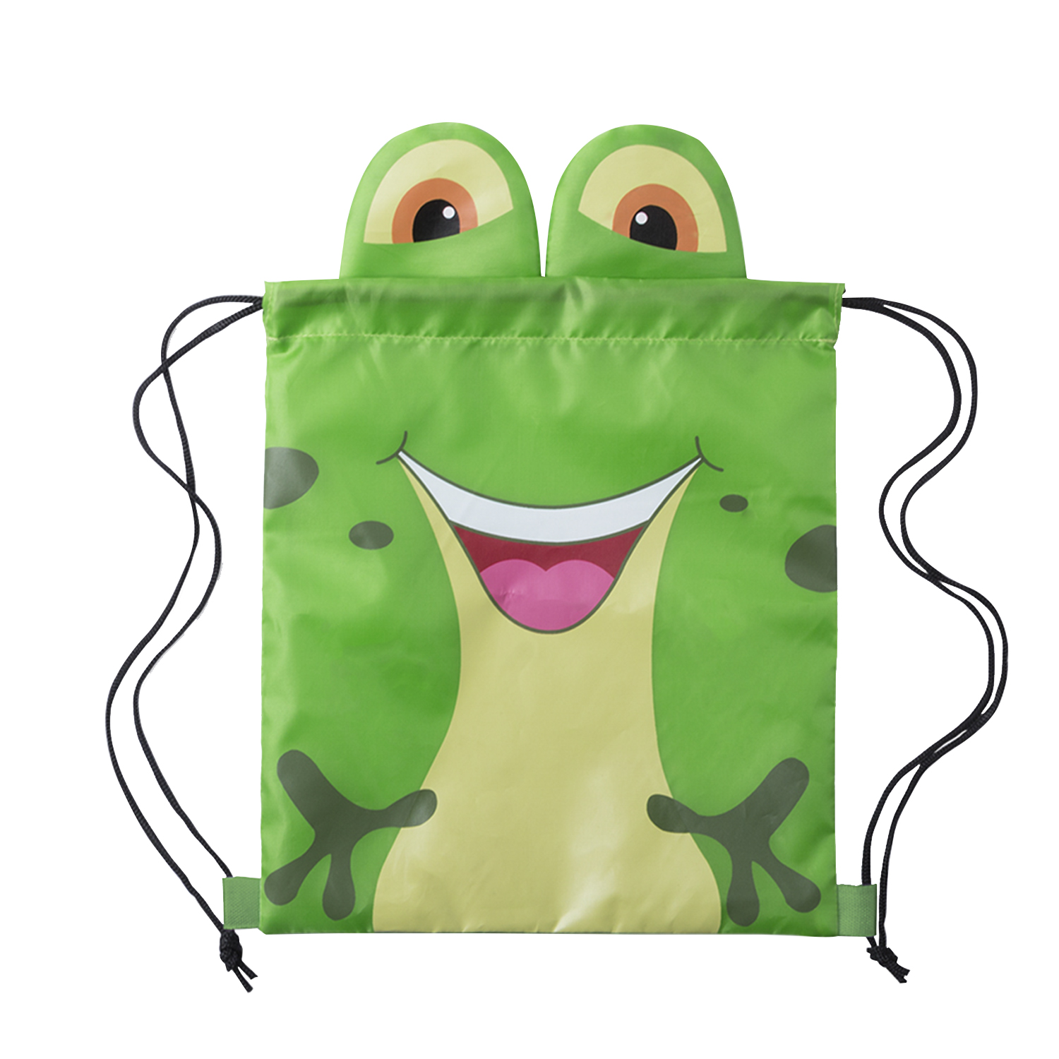 Una borsa verde con coulisse con un design a forma di faccia di rana e cordini neri.