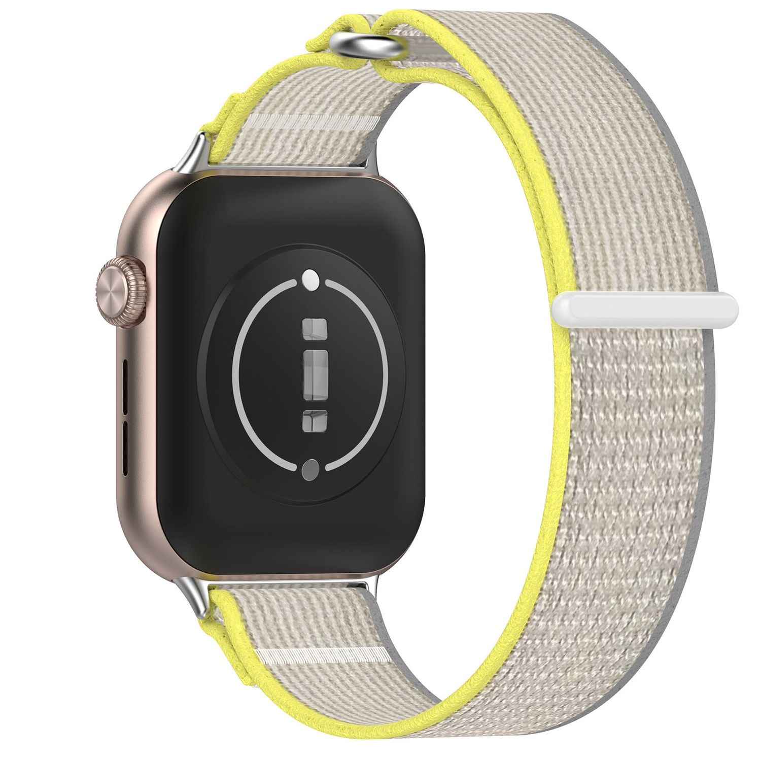 Smartwatch mit goldenem Gehäuse und grau-gelbem Armband. Die Uhr zeigt ihre Rückseite.