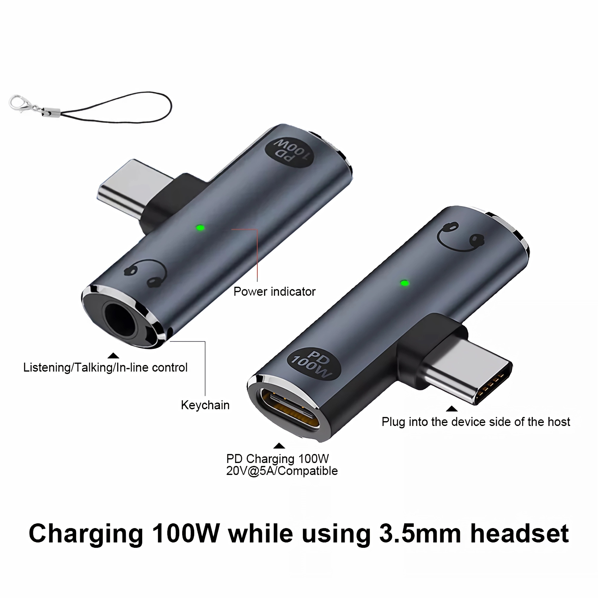 Zwei Adapter für 100W Laden und 3,5-mm-Headset. Text zeigt Merkmale und Funktionen der Adapter.
