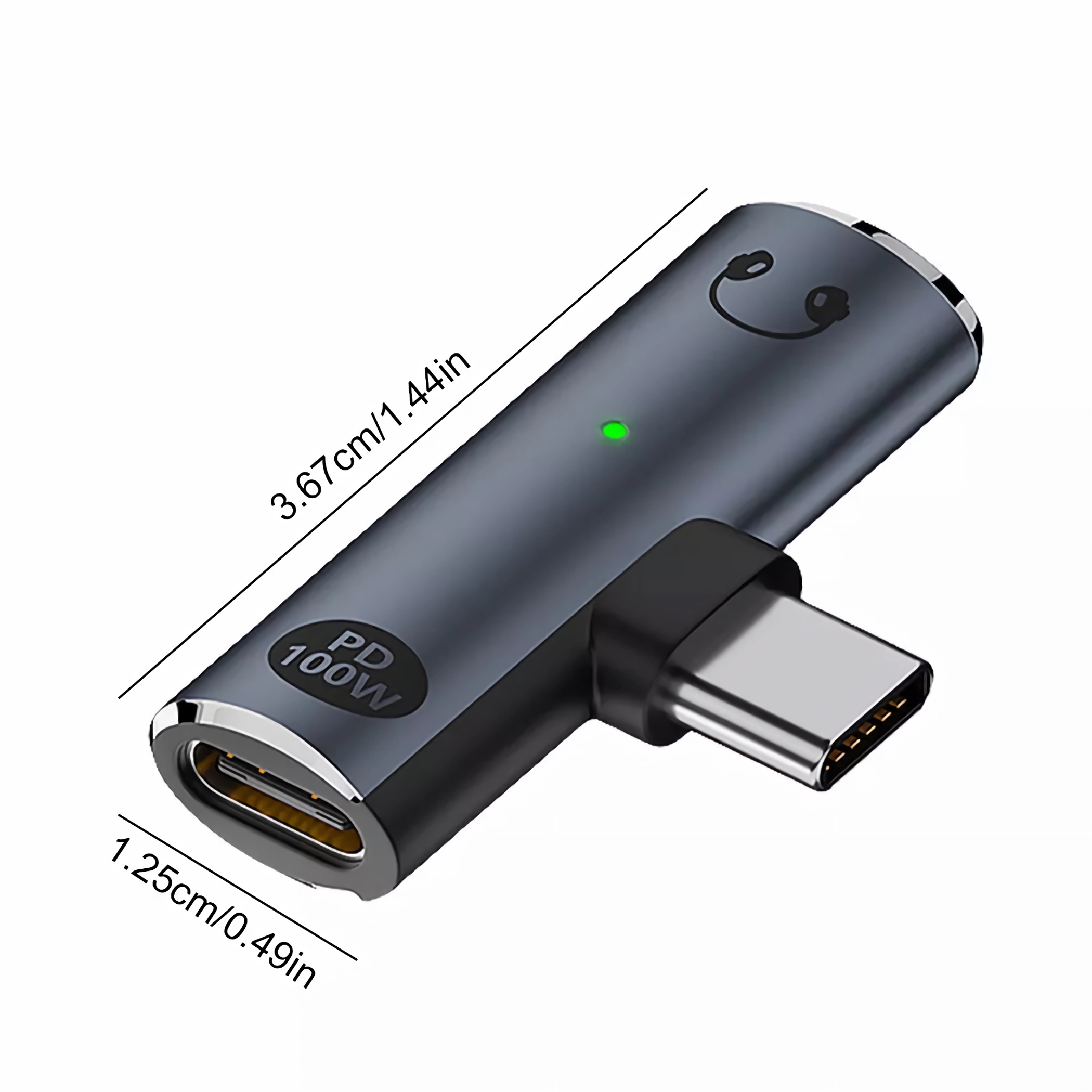 USB-C-Adapter mit Anschluss für Kopfhörer und Ladeanschluss. Hat ein grünes Licht.