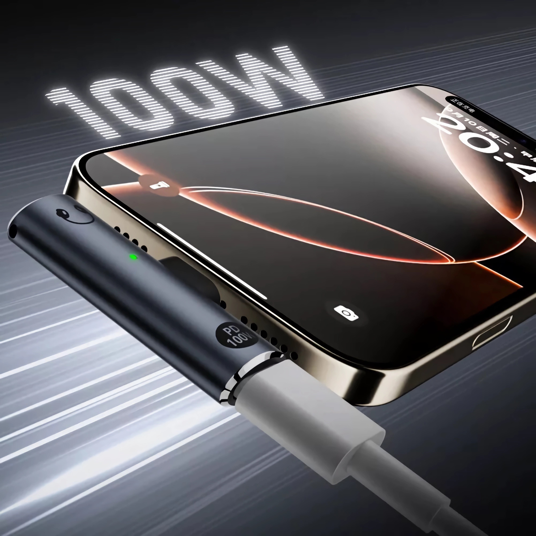 Ein Telefon, das mit einem USB-C-Kabel geladen wird, zeigt 100W, und ein Telefon.
