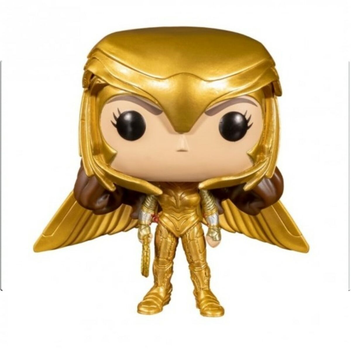 Wonder Woman Funko Pop Figur in goldener Rüstung, stehend auf weißem Hintergrund.