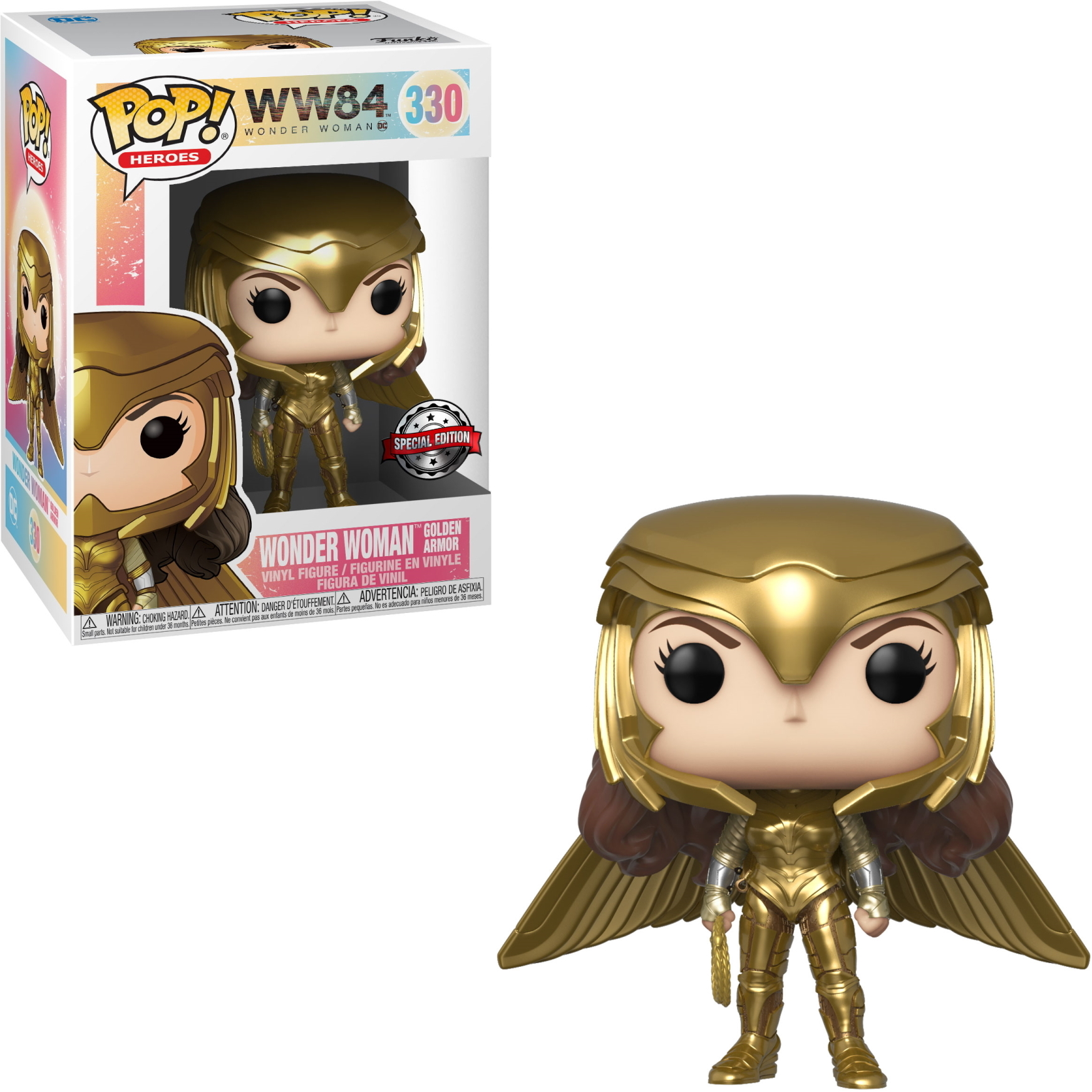 Eine Wonder Woman Figur in goldener Rüstung, mit einer Box mit derselben Figur in einer Anzeige.