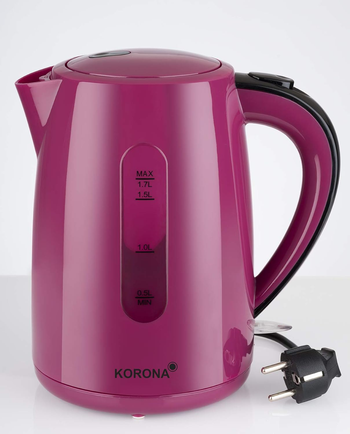Pinker Wasserkocher mit schwarzem Griff und Netzkabel.