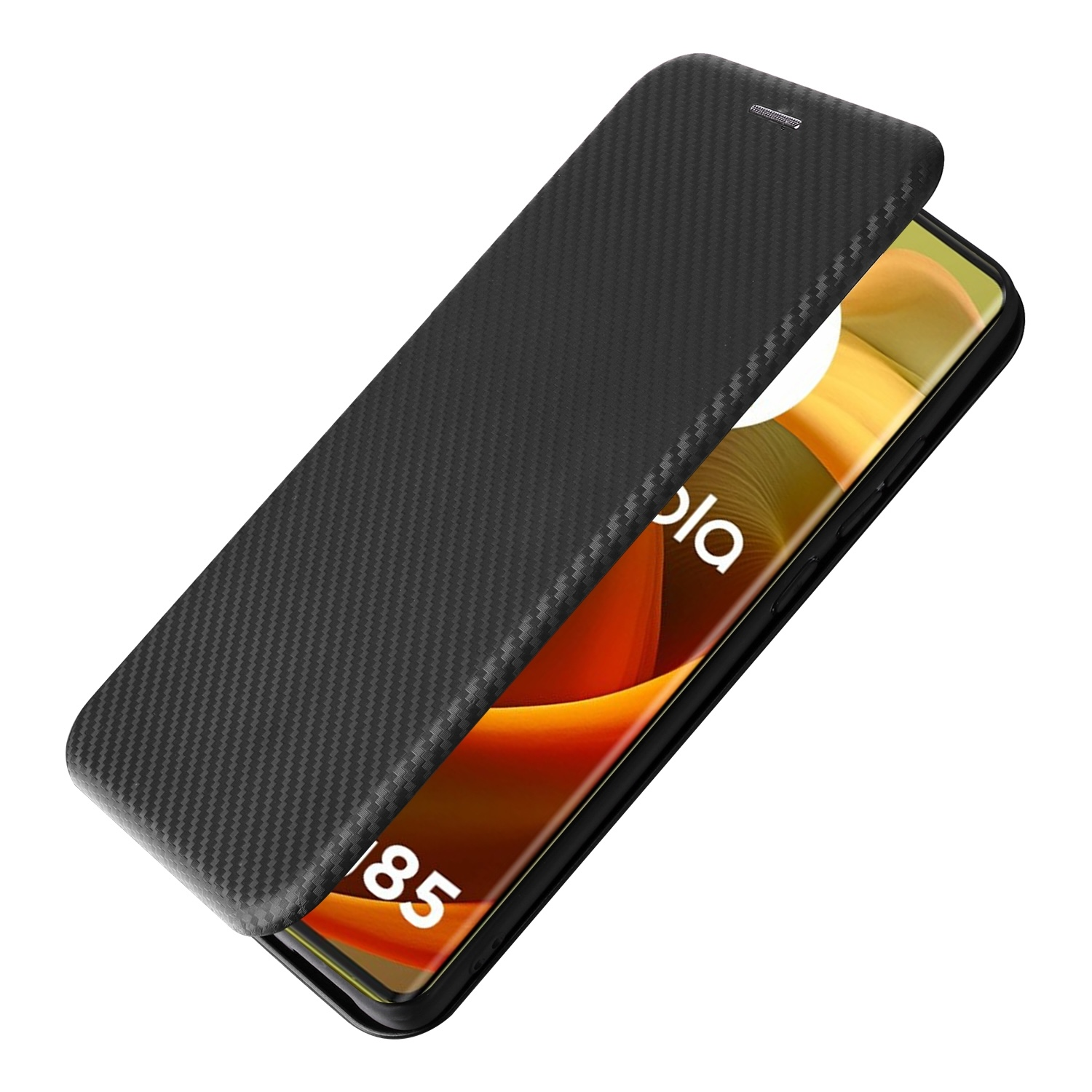 Eine schwarze Handyhülle, offen, zeigt den Bildschirm des Telefons. Es hat ein Karbonfaser-Design.