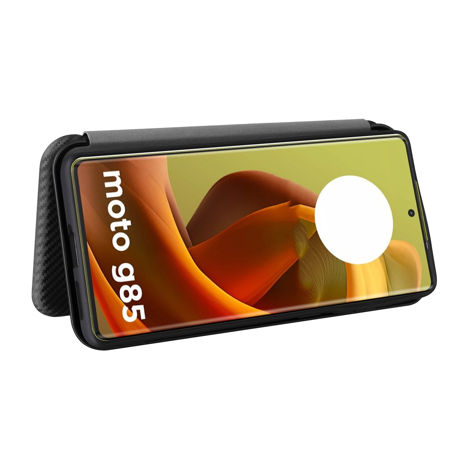 Moto g85 Telefon in einer Hülle. Telefonbildschirm nach oben mit weißem Kreis. Schwarzer Hintergrund.