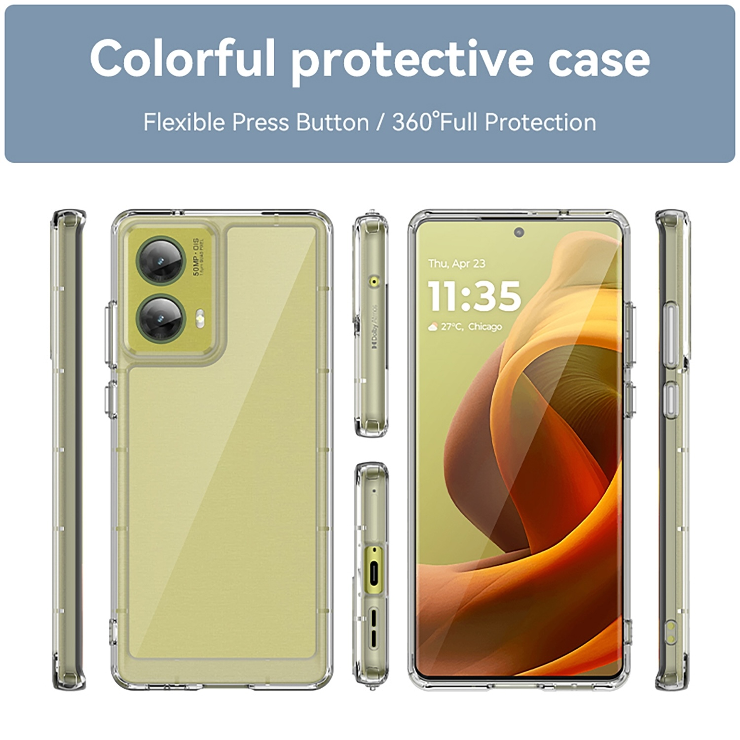 Teléfono en funda transparente, varias vistas, botones flexibles, protección completa, fondo blanco.
