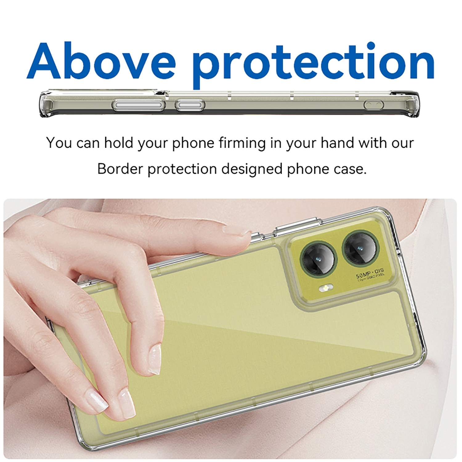 Una mano sosteniendo un teléfono en una funda transparente, mostrando la lente de la cámara.