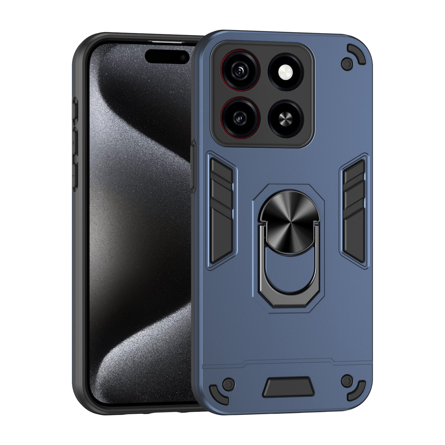 Blaue Handyhülle auf weißem Hintergrund. Telefon mit mehreren Kameras. Schwarzer Ringhalter hinten.