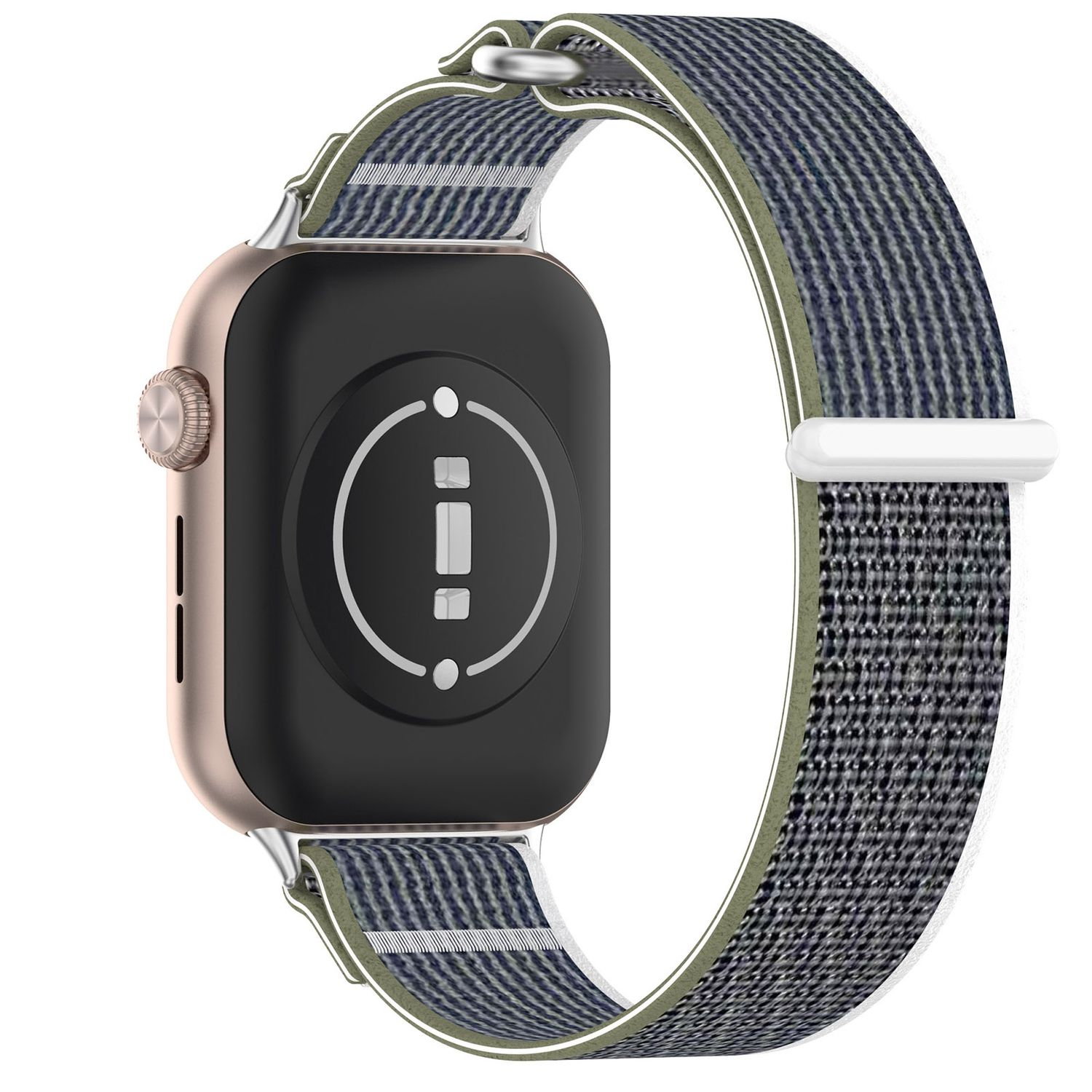 Eine Smartwatch mit grün-blauem Stoffband. Die Rückseite der Uhr ist sichtbar. Gold- und Schwarzfarben.