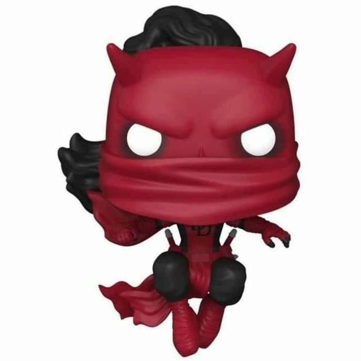 Una figura Funko Pop di Daredevil, costume rosso, corna, maschera e capelli neri. Lo sfondo è bianco.