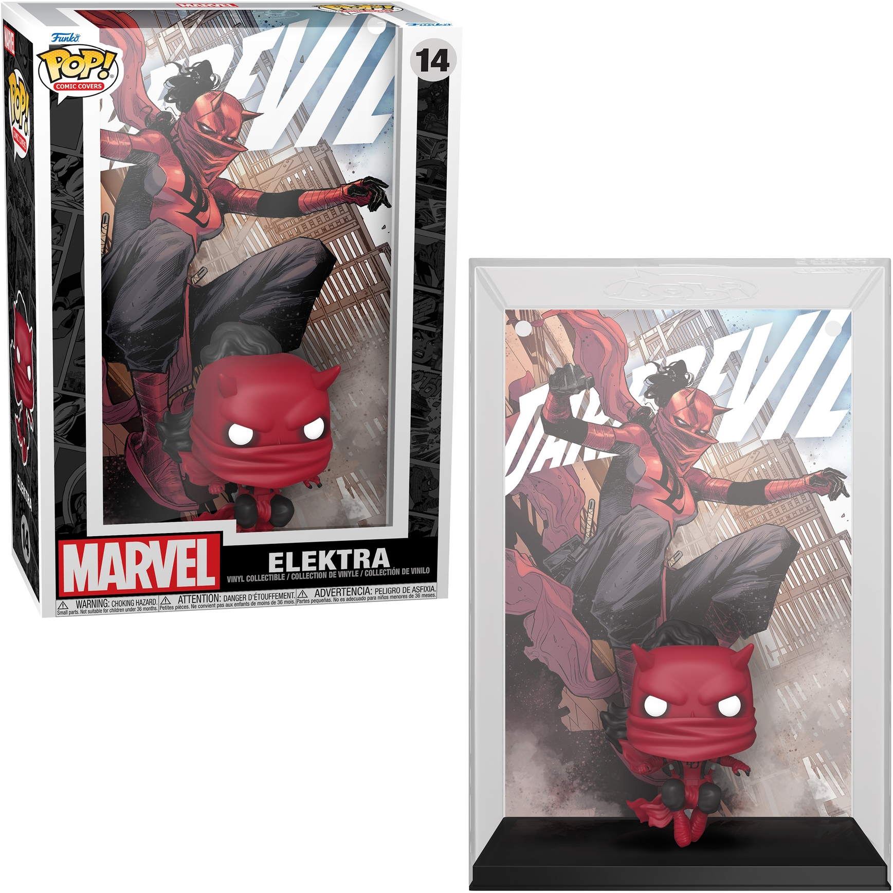 Una figura di Elektra in una scatola e un'esposizione di figure separata con uno sfondo di fumetti.