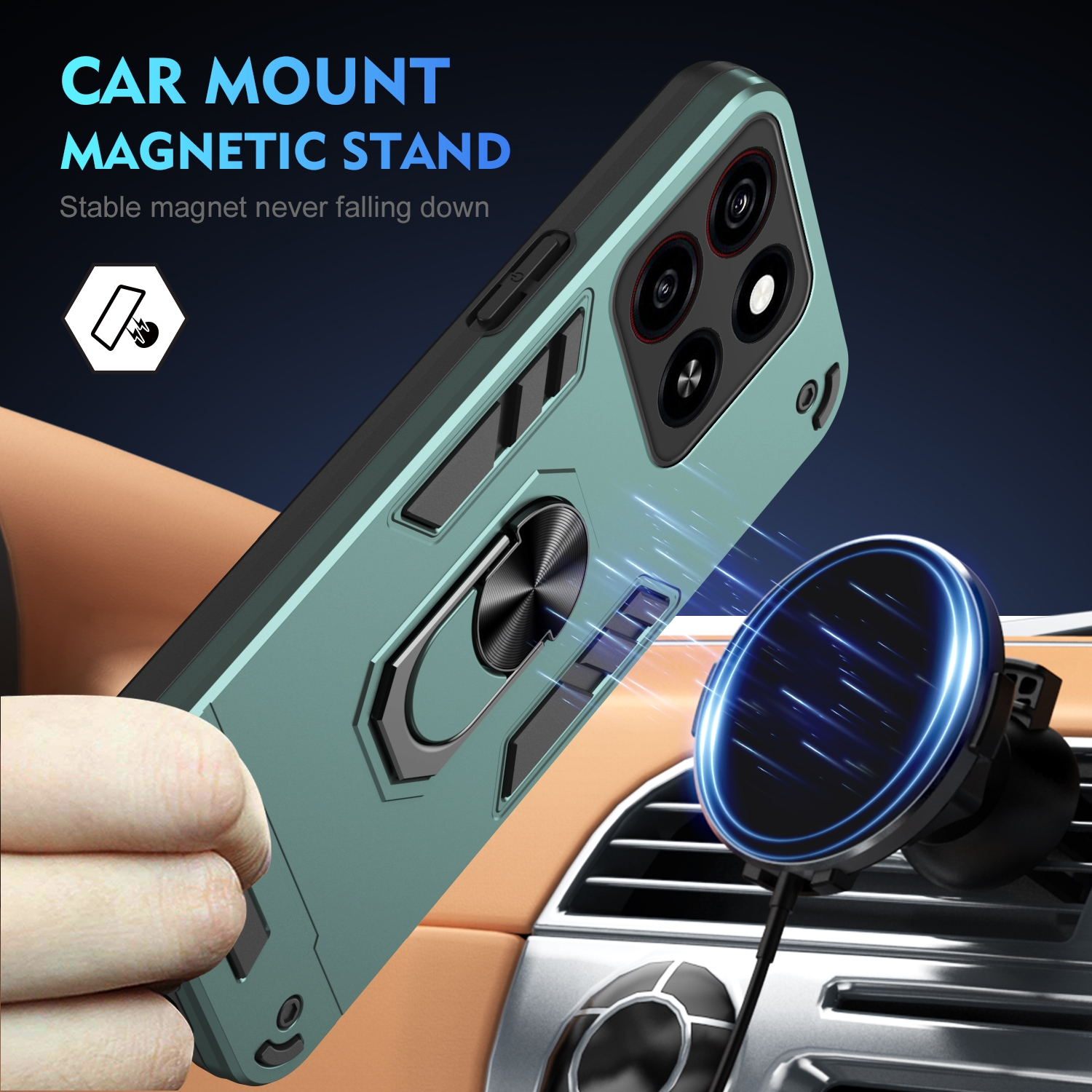 Eine Handyhülle mit Magnetständer ist am Armaturenbrett eines Autos befestigt.