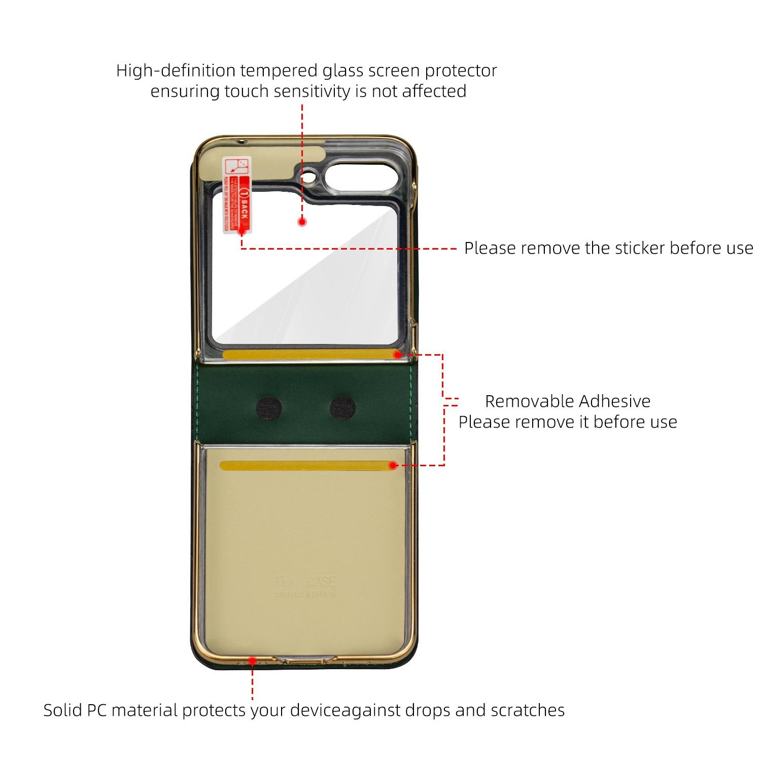 Transparente Handyhülle mit rotem Aufkleber und grünen Details. Text weist auf Klebstoff hin.