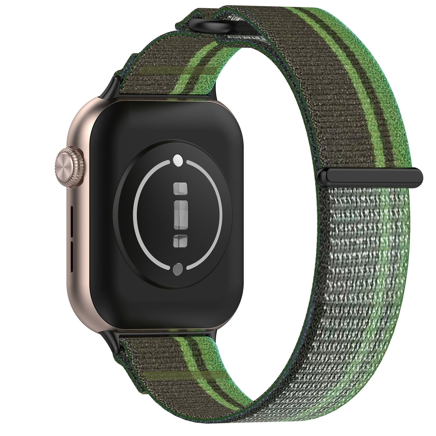 Eine goldene Smartwatch mit einem grün-braunen Streifen-Armband.