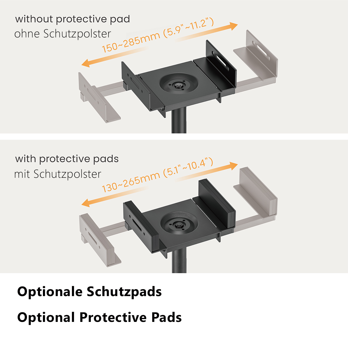 Einstellbarer Lautsprecherständer mit und ohne Schutzpolster. Text 'Optional Protective Pads'.