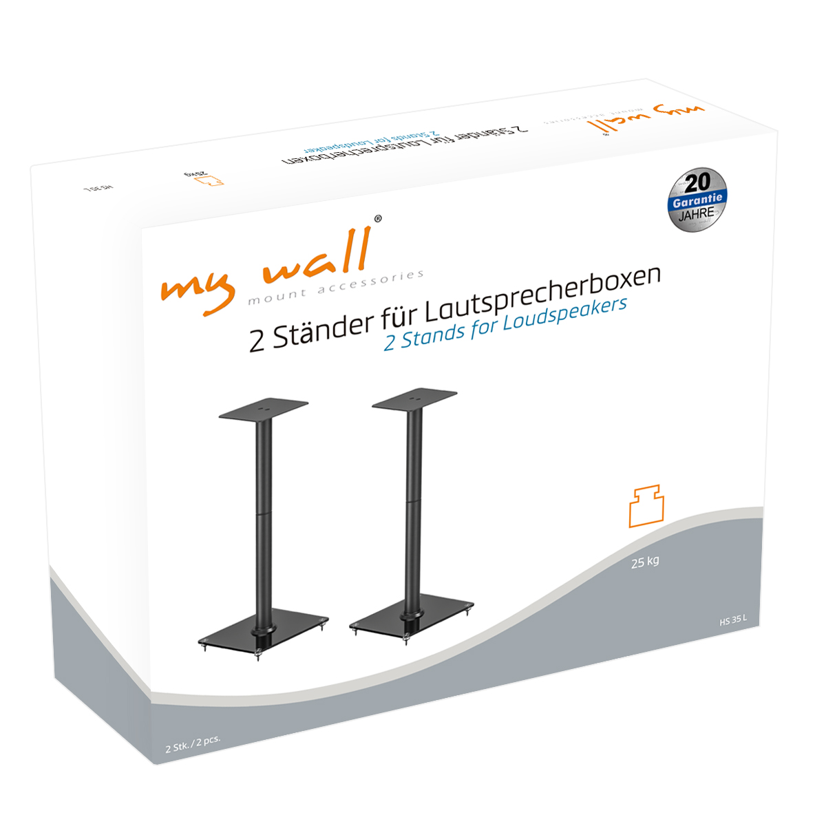 Karton mit 2 Lautsprecherständern. Karton hat Text und eine Grafik. Die Ständer sind aus schwarzem Metall.