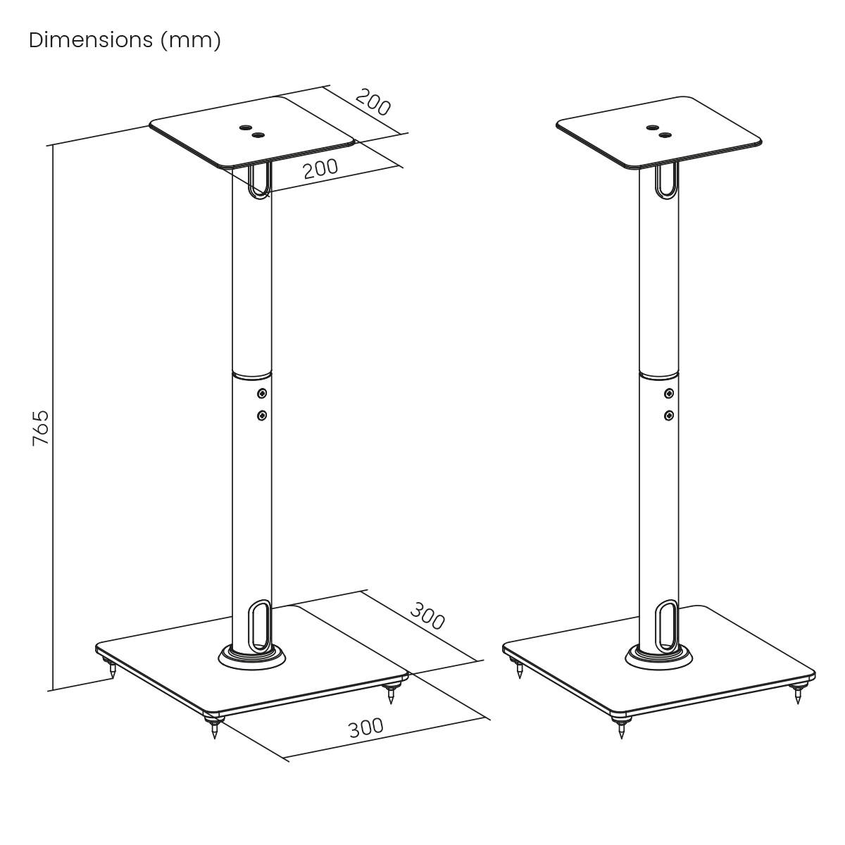 Zwei Ständerzeichnungen mit Abmessungen. Die Ständer sind aus Metall und haben eine Basis.