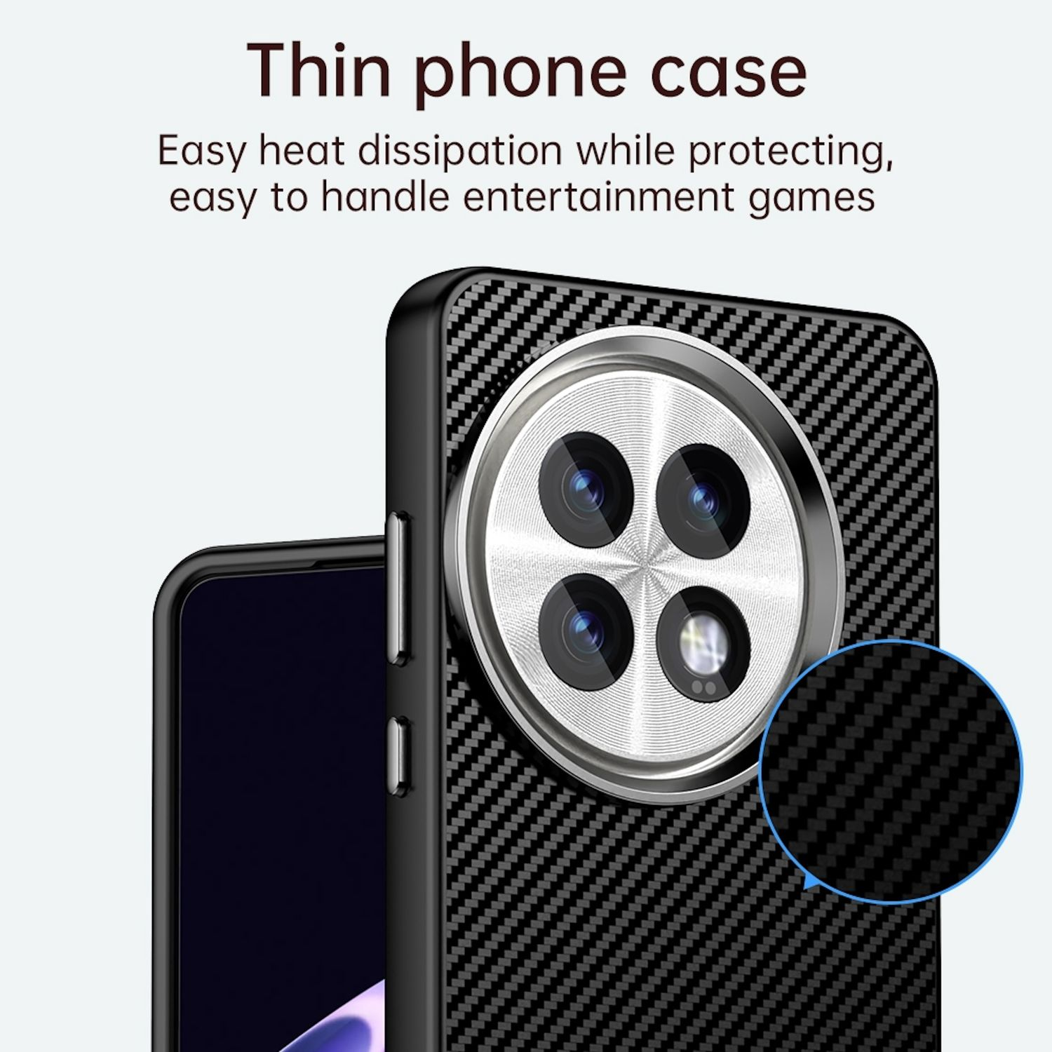 Eine Handyhülle mit Carbonfaser-Design, mit dem Telefon darin.
