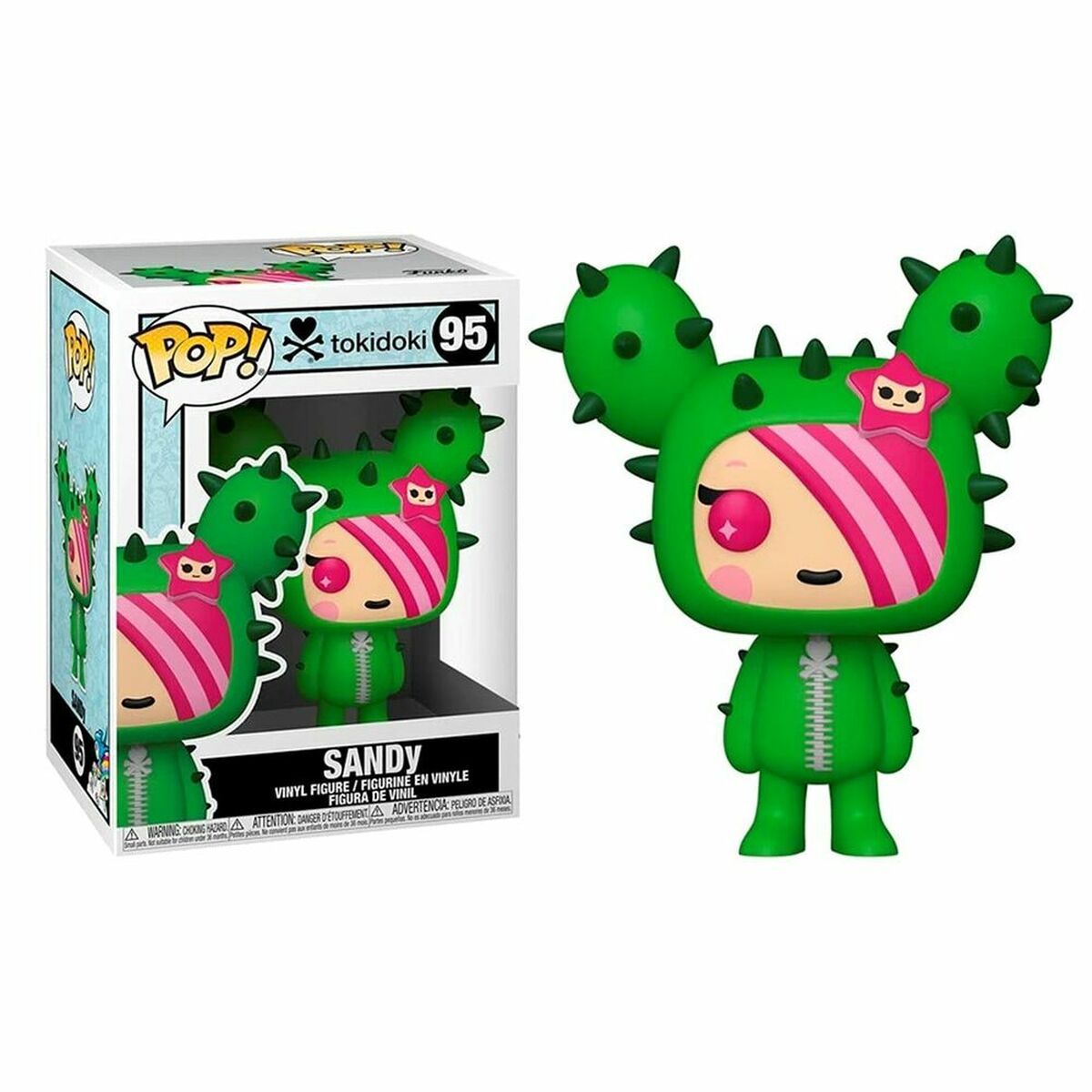 Funko Pop Figur einer grünen kaktusartigen Figur mit pink gestreiftem Gesicht und Stern auf dem Kopf.