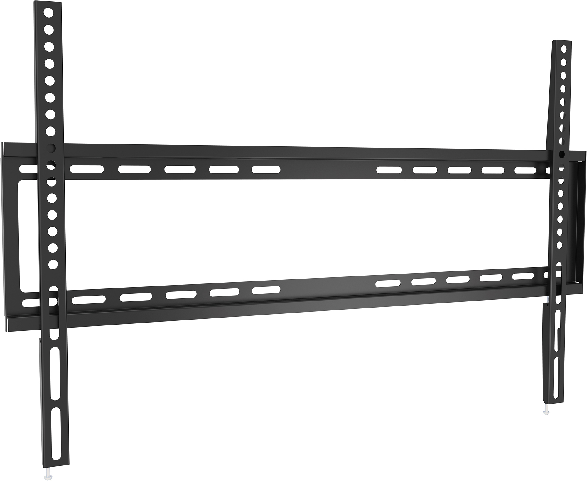Schwarze TV-Wandhalterung. Eine Metallhalterung mit mehreren Löchern zur Anpassung.