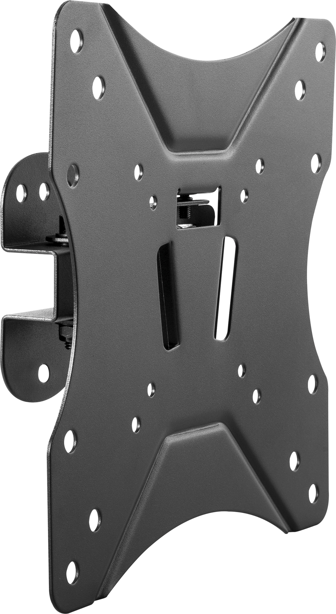 Schwarze TV-Wandhalterung aus Metall mit Montagebohrungen und Halterungen.
