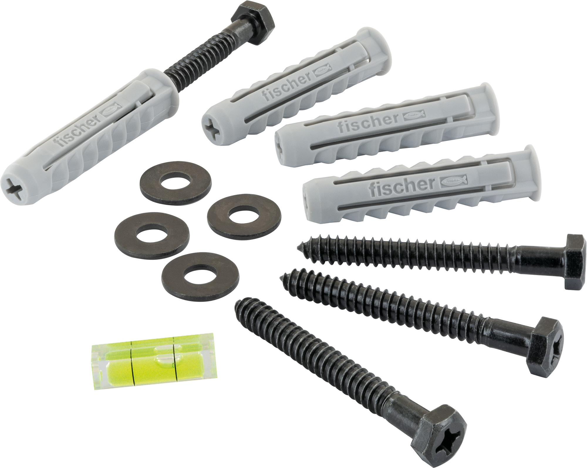 Hardware-Set mit Schrauben, Unterlegscheiben und einem Nivellierer. Grau und schwarz.