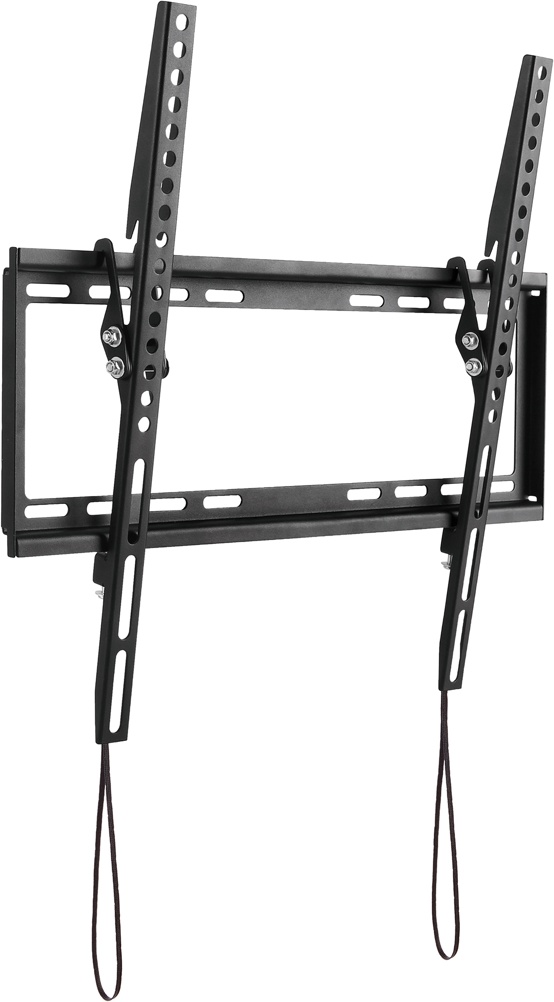 Schwarze TV-Wandhalterung auf weißem Hintergrund. Es ist zum Aufhängen eines Fernsehers an der Wand.