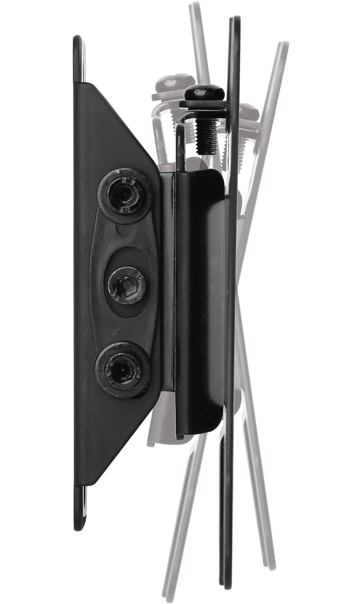 Schwarze TV-Halterung aus Metall mit Schrauben. Die Halterung ist kippbar und verstellbar.